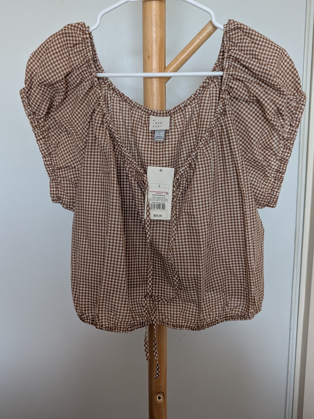 a new day Brown Gingham Puff-Sleeve Peasant Blouse